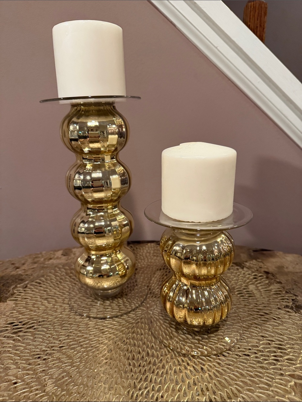Gold Glass Bubble Candlestick Holders, Set of 2